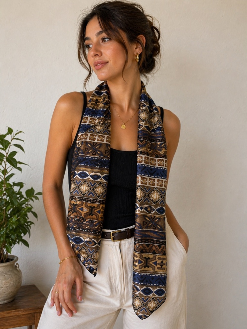 Silk Brown & Navy Patterned Scarf - Women Accessories